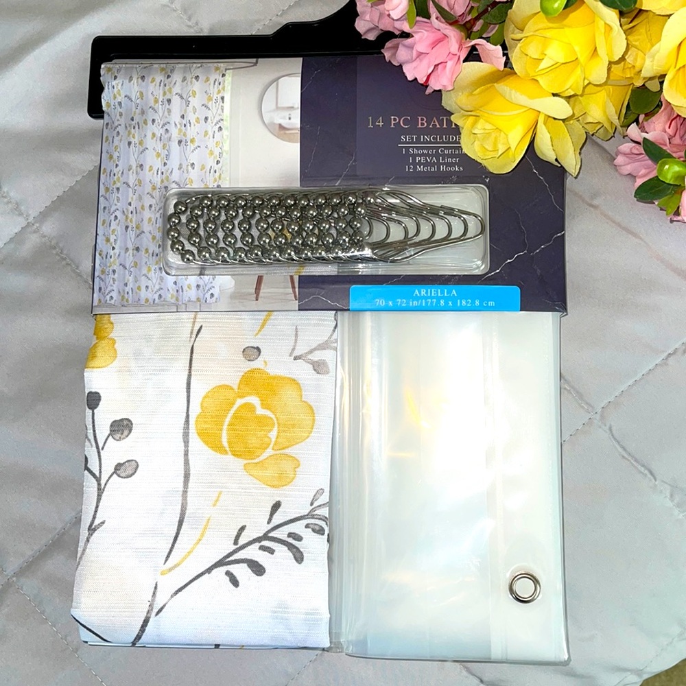 🆕 14pc Botanical Design SHOWER CURTAIN SET